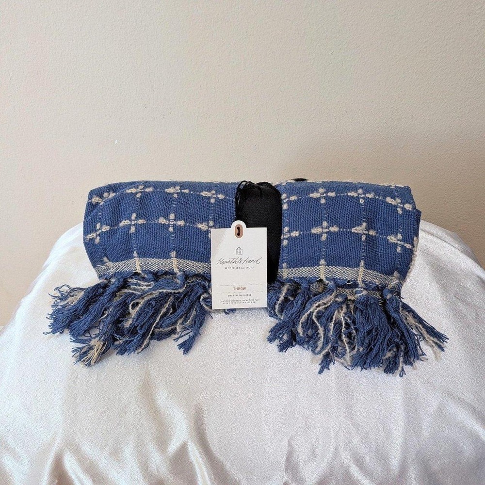 New Hearth & Hand with Magnolia Grid Blue Woven Throw Blanket 50x60 Fringe